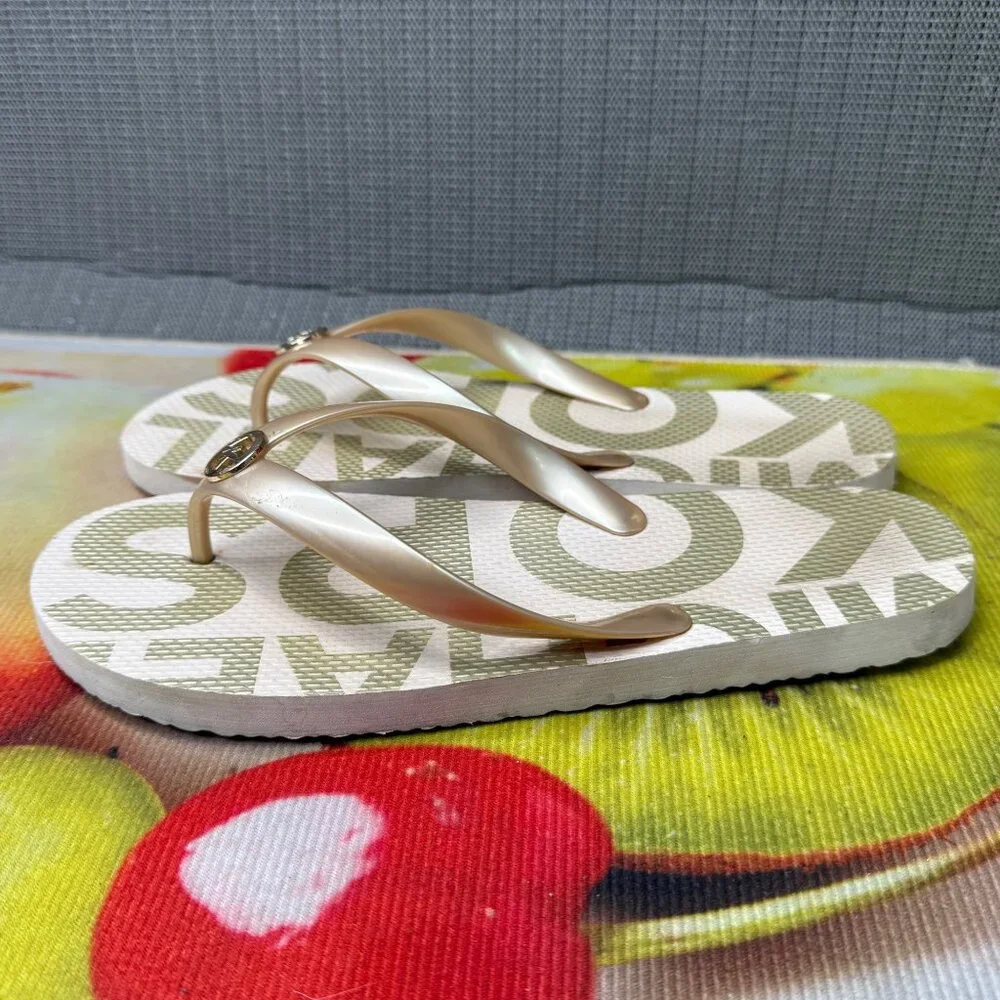 Michael Kors Womens Flip Flops Size 10M PVC Upper EVA Outsole Beige & White - Picture 2 of 7